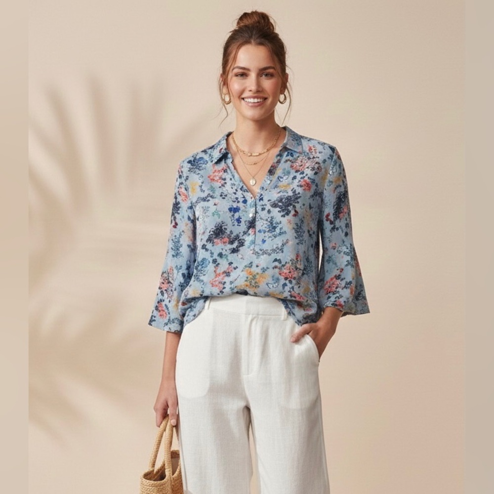 Light Blue Floral V-Neck Henley Blouse